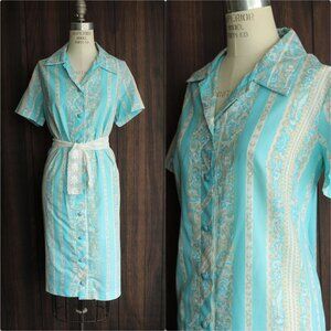 Vintage 1960s Dress, Volup Size in Blue White and Tan, Mod Style